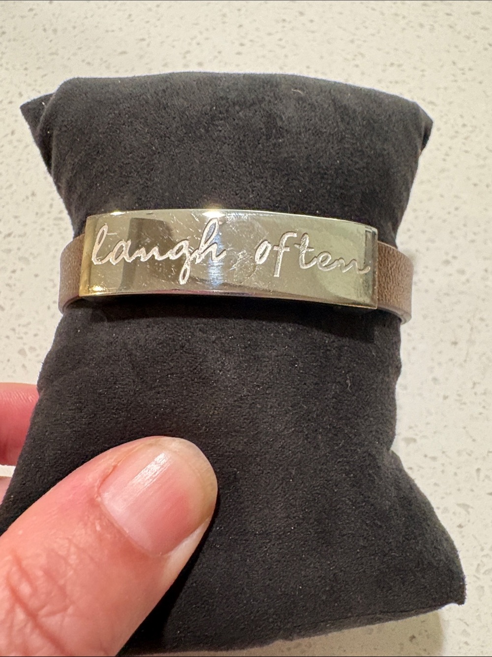 Rustic Cuff "Laugh Often" Silver Plate with Brown Leather Bracelet